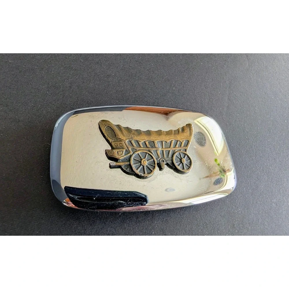 Vintage Covered Wagon Belt Buckle Made in USA Chrome Brass Tone Western Pioneer